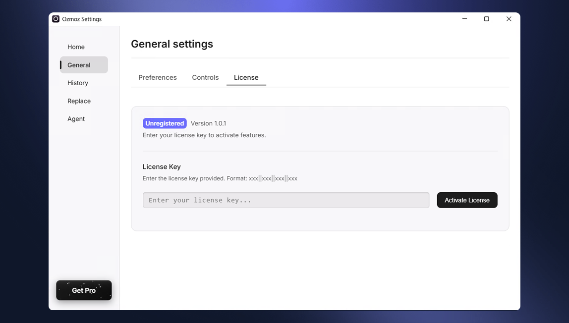 Screenshot of the initial settings window