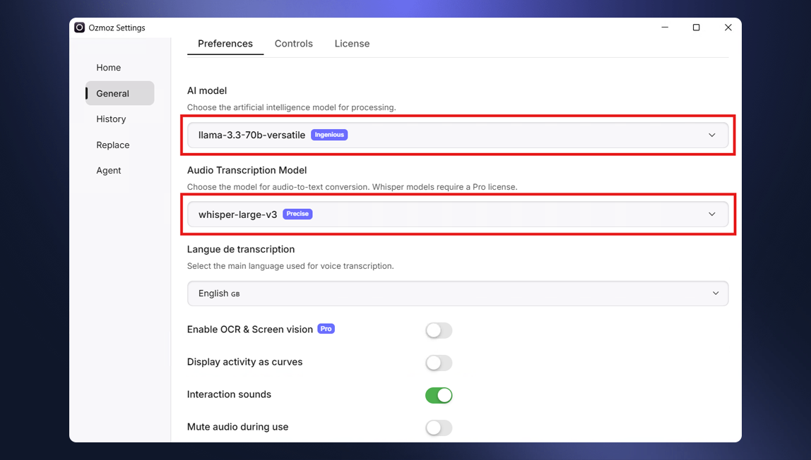 Screenshot of the initial settings window