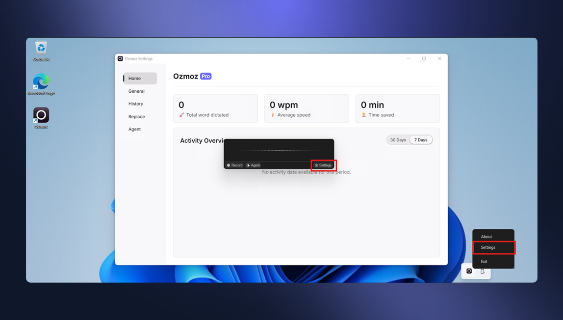 Screenshot of the initial settings window